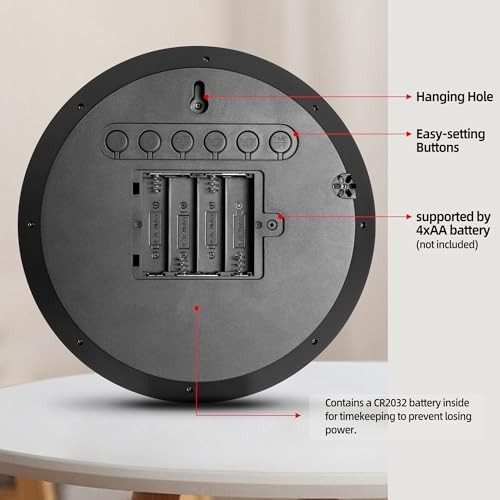 8″ Round LCD Digital Wall Clock Battery Operated with Temperature and Black