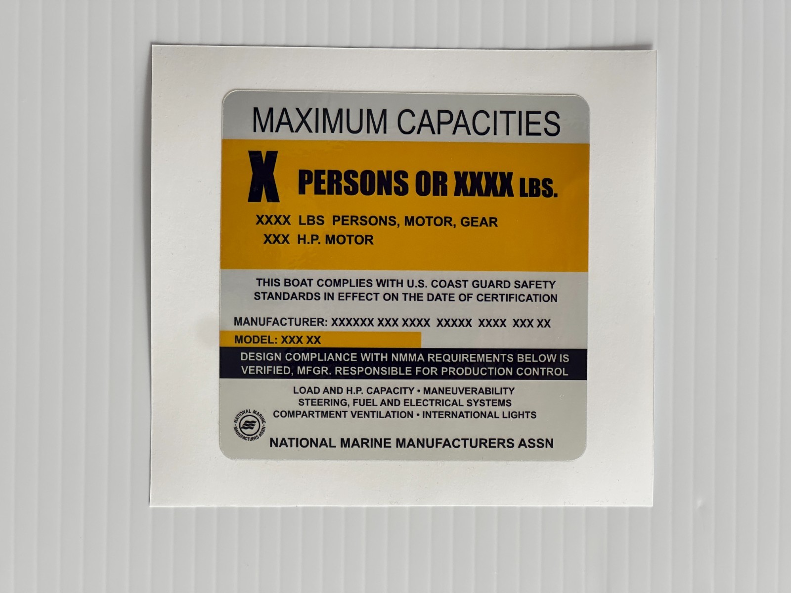 Boat Capacity Plate Replacement Sticker – Marine Grade Silver Decal – NMMA USCG