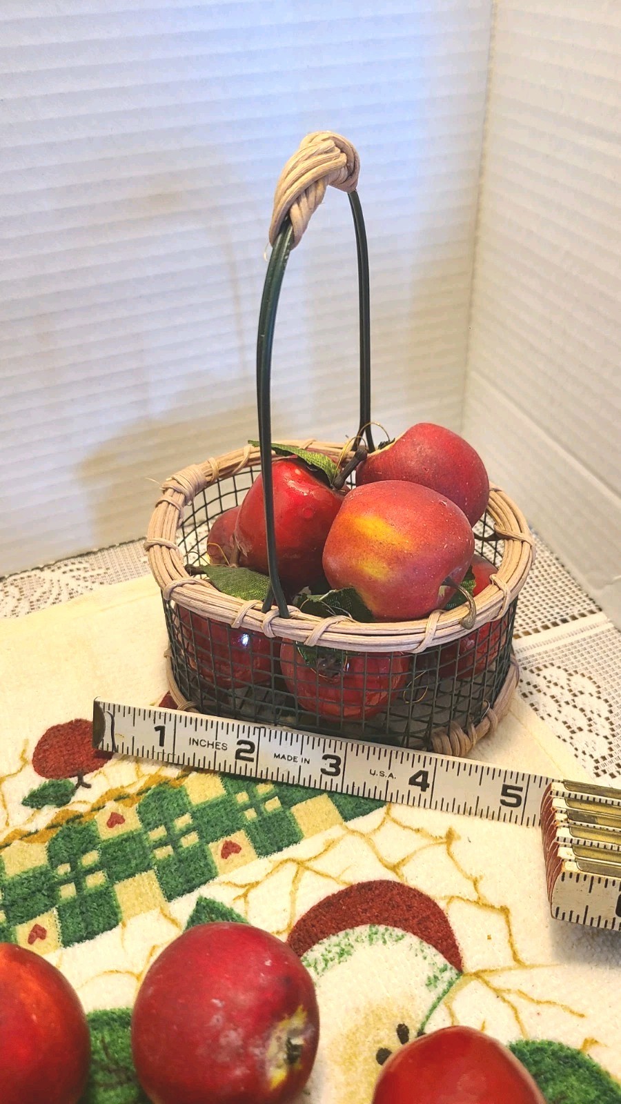 Apple Decor Lot Kitchen Mini Basket Wood & Wax Apples S & P Shakers, Dish Towel