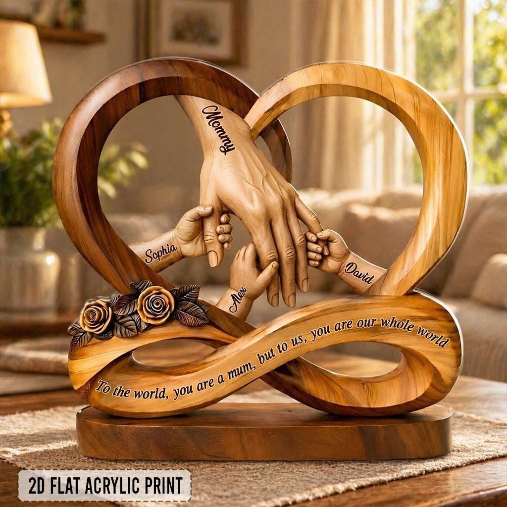 Personalized Faux Wood Mom Holds Kids’ Hands Infinity Acrylic Block