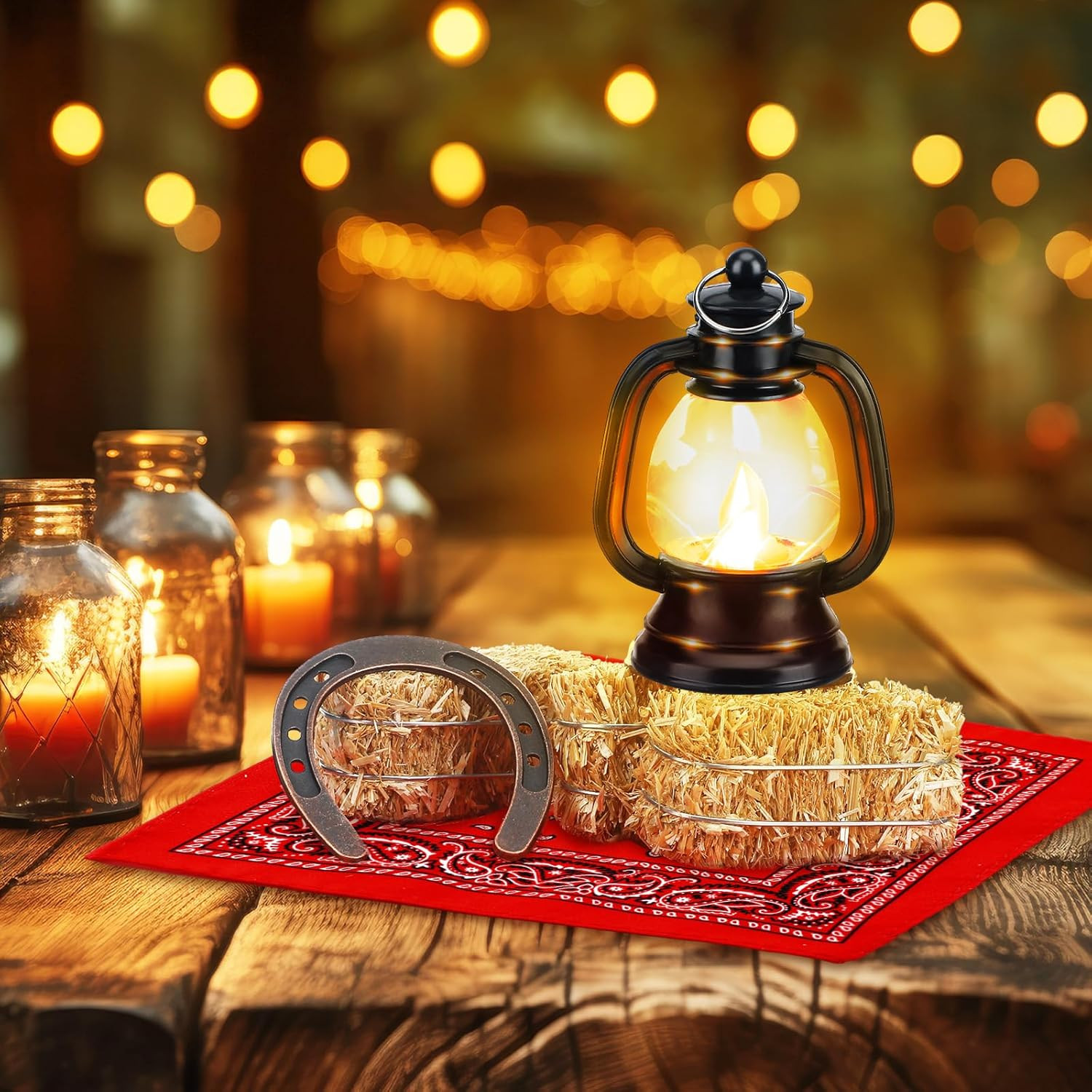 72 Pcs Western Cowboy Centerpieces Decorations with Horseshoe Lantern Mini Hayst