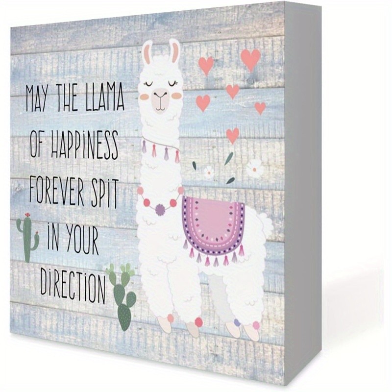 2D Farmhouse Inspirational Wood Box Sign with Whimsical Llama Home & Shelf Decor