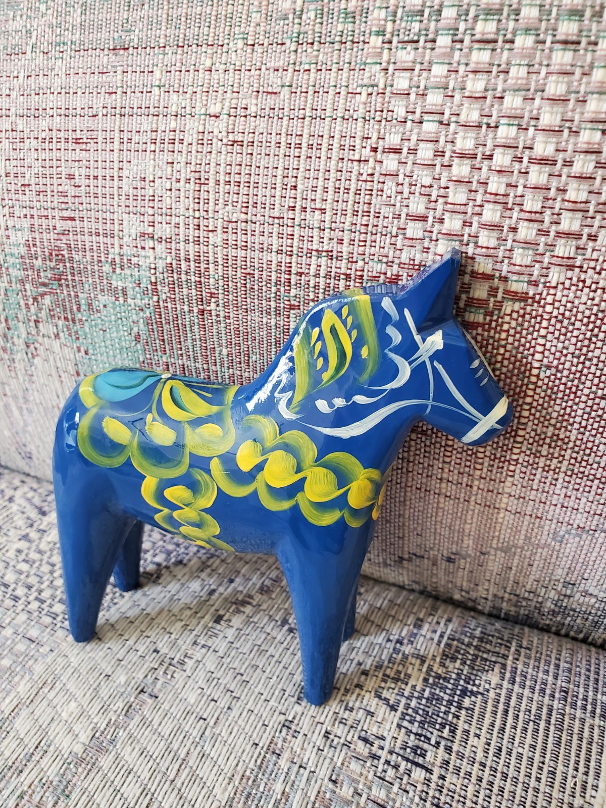 Swedish dala horse 6 inches vintage wooden blue yellow and white Sweden