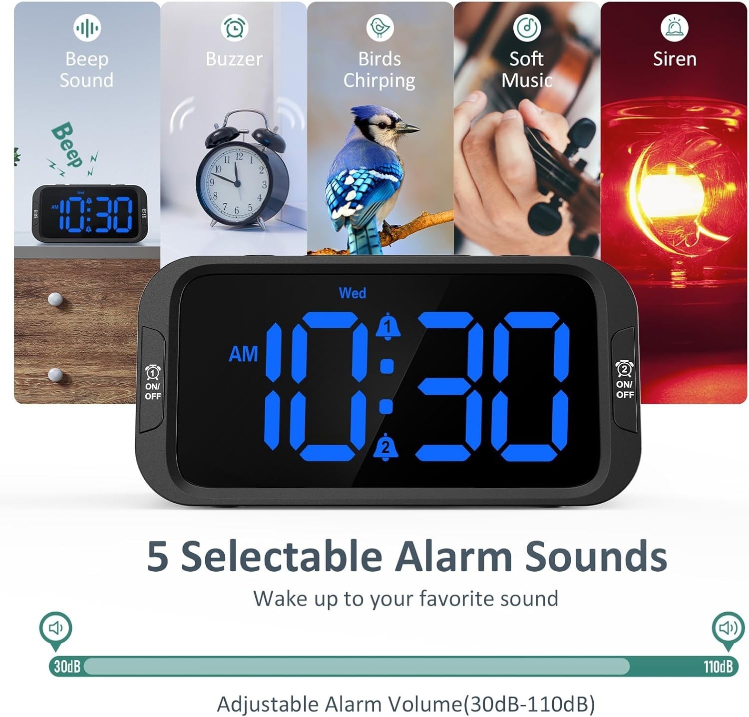 Digital Alarm Clock with Dual Alarms USB Charger Dimmer Snooze 12 24H