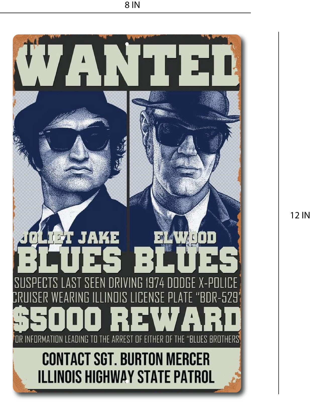 The Blues Brothers Sign Metal Tin Aluminum 8″x12″ Wanted Jake and Elwood