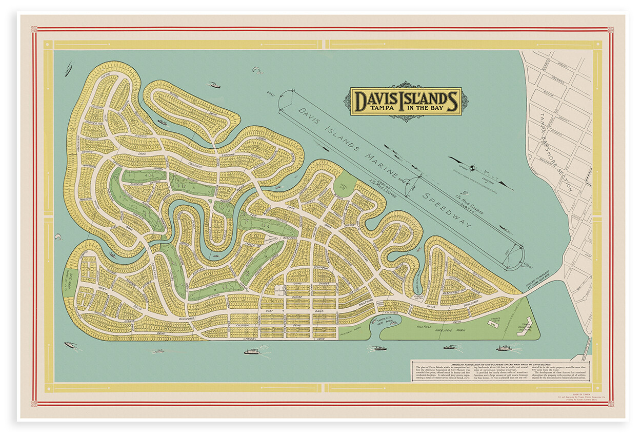 Florida Map of Davis Islands – Vintage Tampa in the Bay by Young circa 1927