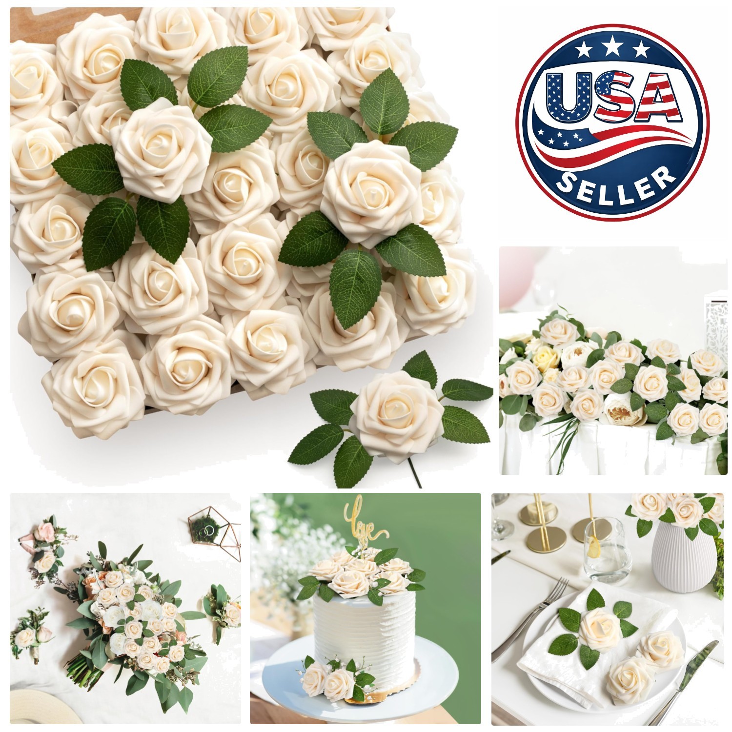 Lifelike Cream Artificial Roses – 50 Bulk Foam Flowers for All Occasions
