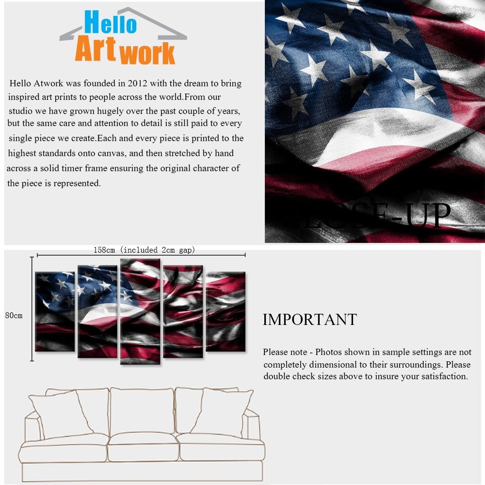 5 Pieces USA American Flag Canvas Wall Art Vintage Flags Picture Print Giclee…