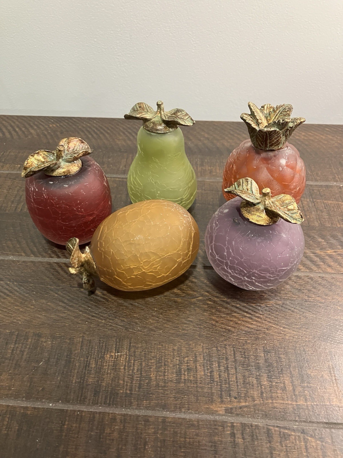 Art Glass Fruit 5 Pieces Crackle Glass Metal Stems & Leaves