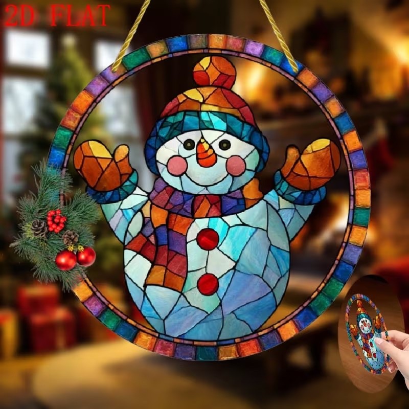 SET OF 2 -2D Flat Acrylic VINTAGE SNOWMAN COLORFUL Sun catchers 8″ Round