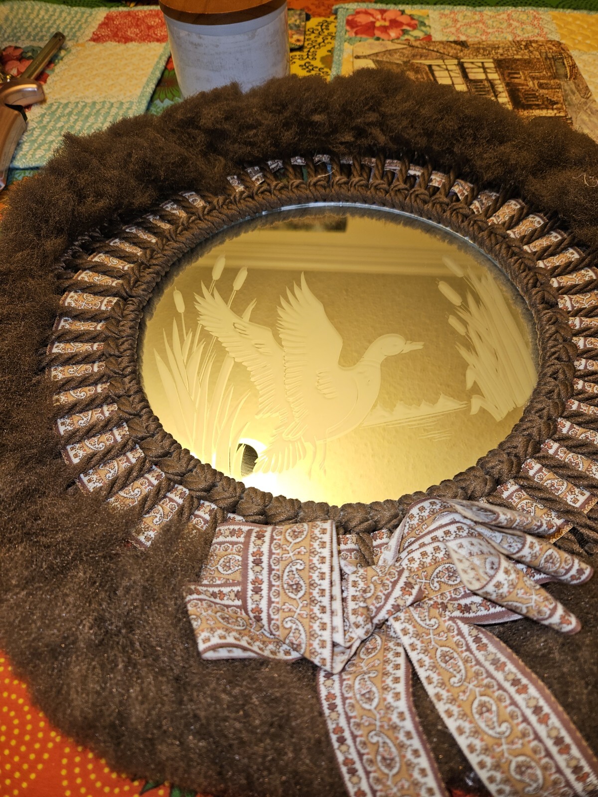 VTG 70s OOAK Custom Made Macrame Etched Glass Mirror With Fuzzy Trim US Made 15″