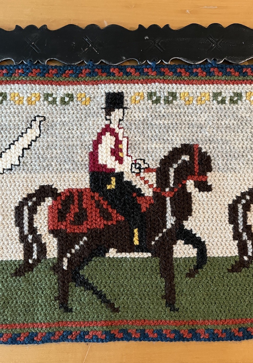 Norwegian Hand Embroidered Tvistsom Folk Art Tapestry 36in With Iron Hanger