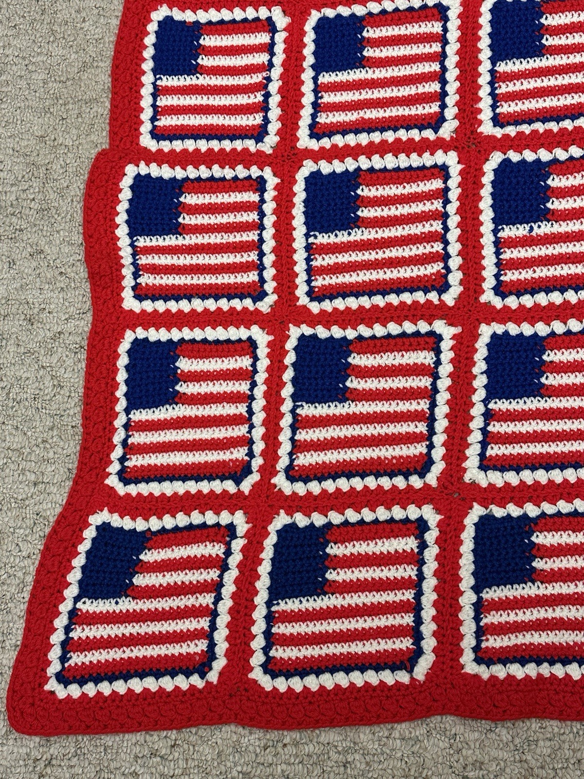 Vintage Handmade Afghan Crochet Blanket Quilt Granny Square American Flag Red