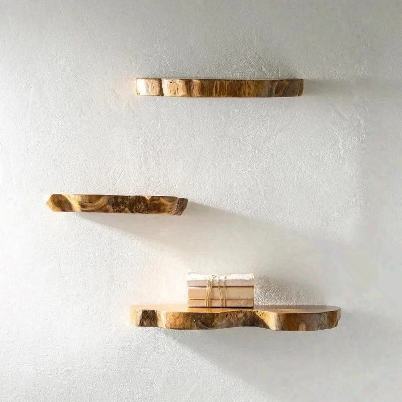 Set of 3 Live Edge Teak Floating Shelves Reclaimed Wood Wall Decor Handmade