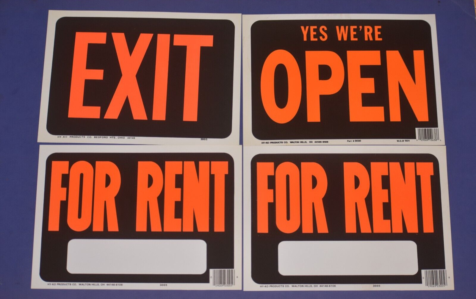 4 Vintage 9 In. X 12 In. Plastic Sign Hy-Co 2 FOR RENT 1 EXIT 1 YES WERE OPEN