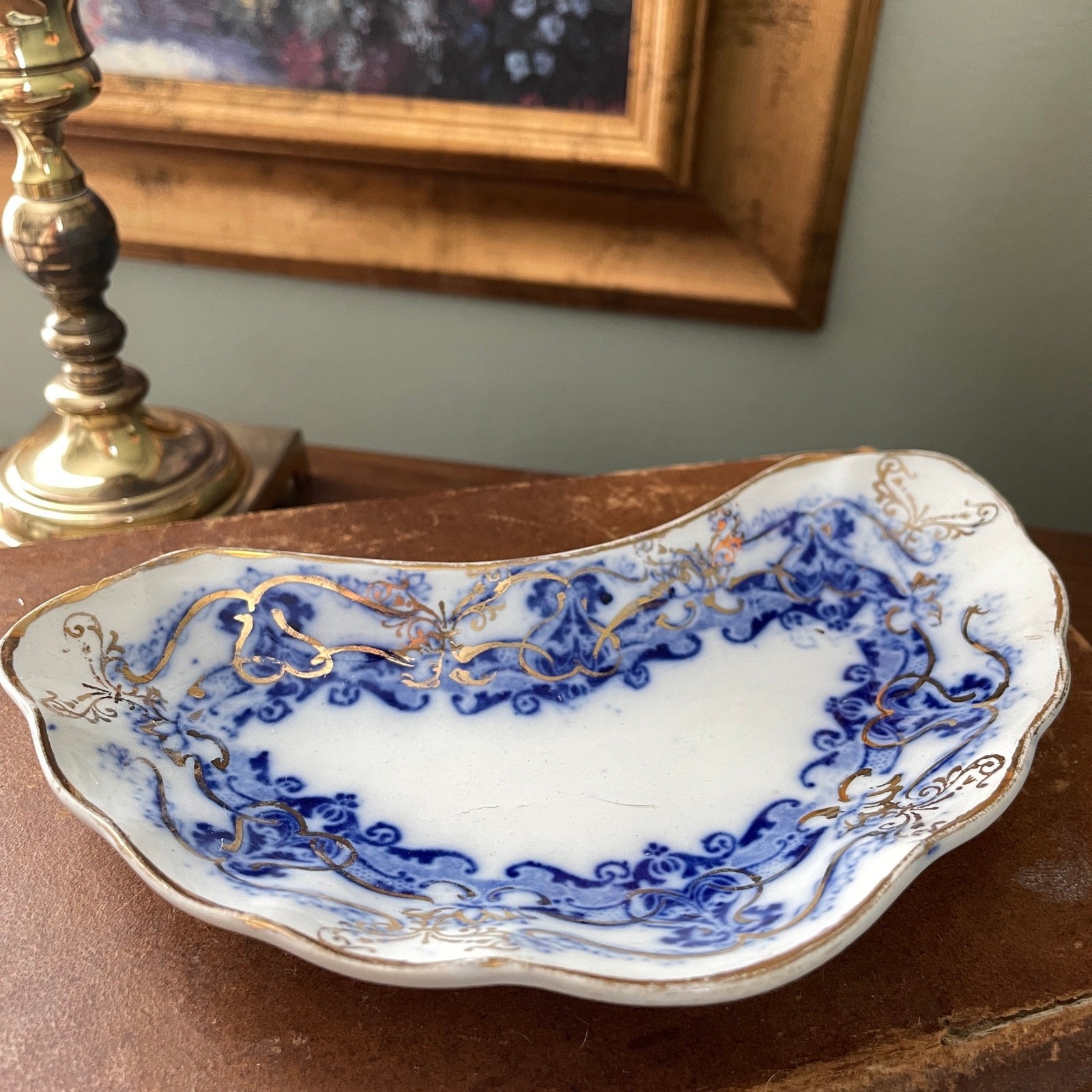 Antique Flow Blue Bone Dish with Gold Detail | Upper Hanley England Elgar