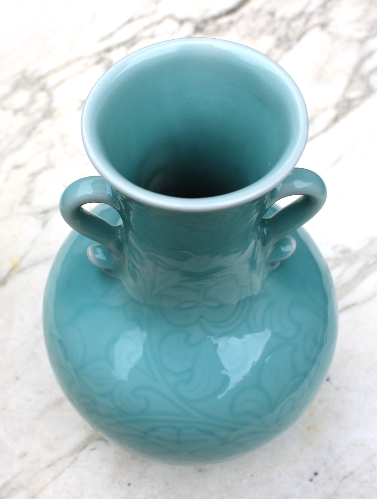 Late 20th century Porcelain Longquan China Carved Celadon Vase w/ Two Handles