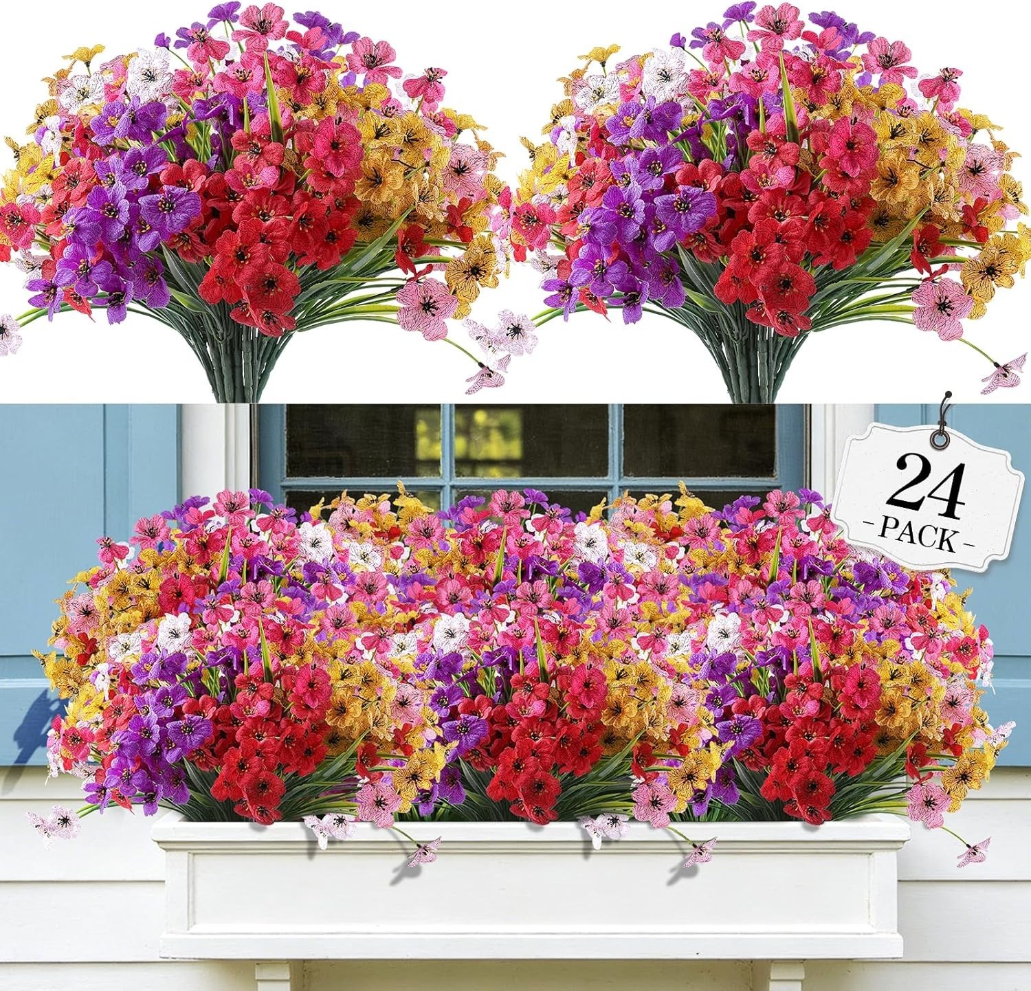 24 Bundles Vibrant UV Resistant Artificial Flowers – Indoor/Outdoor Decor