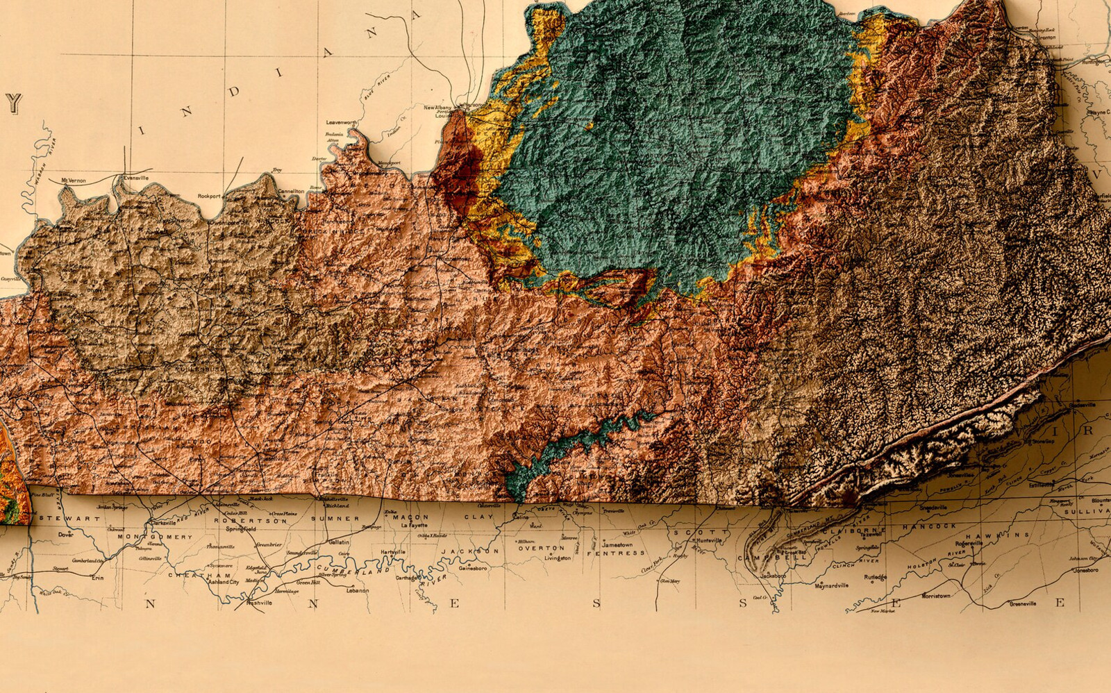 Kentucky Map, Kentucky 2D Relief Map, Kentucky Vintage Map – 2D Flat Print
