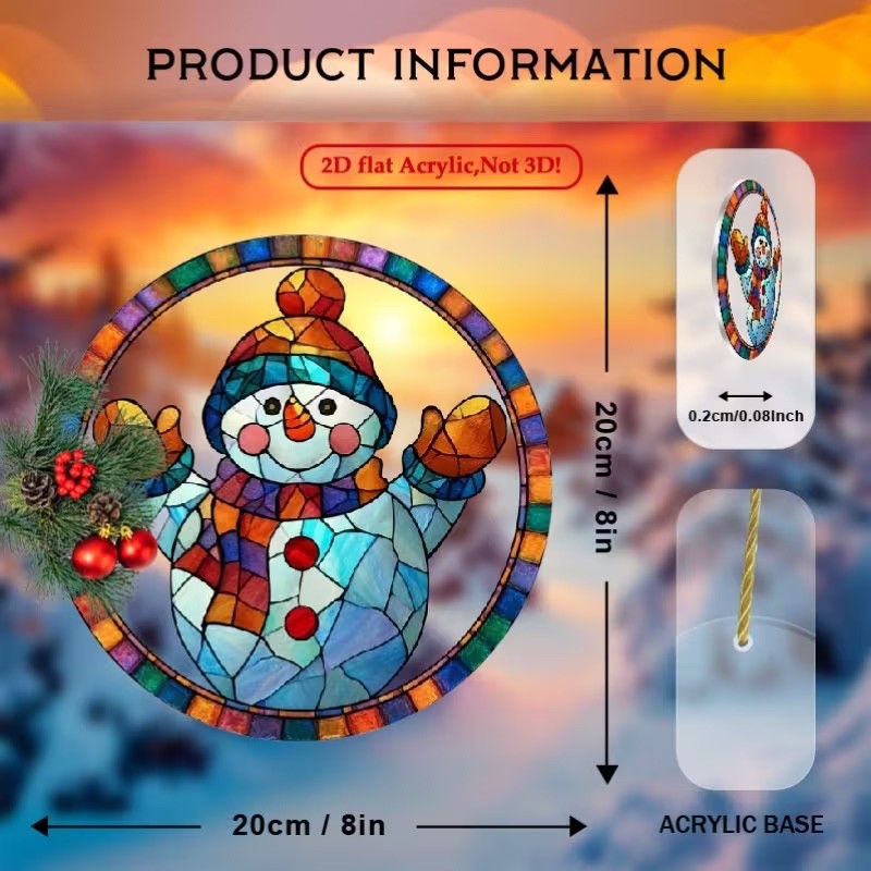 SET OF 2 -2D Flat Acrylic VINTAGE SNOWMAN COLORFUL Sun catchers 8″ Round