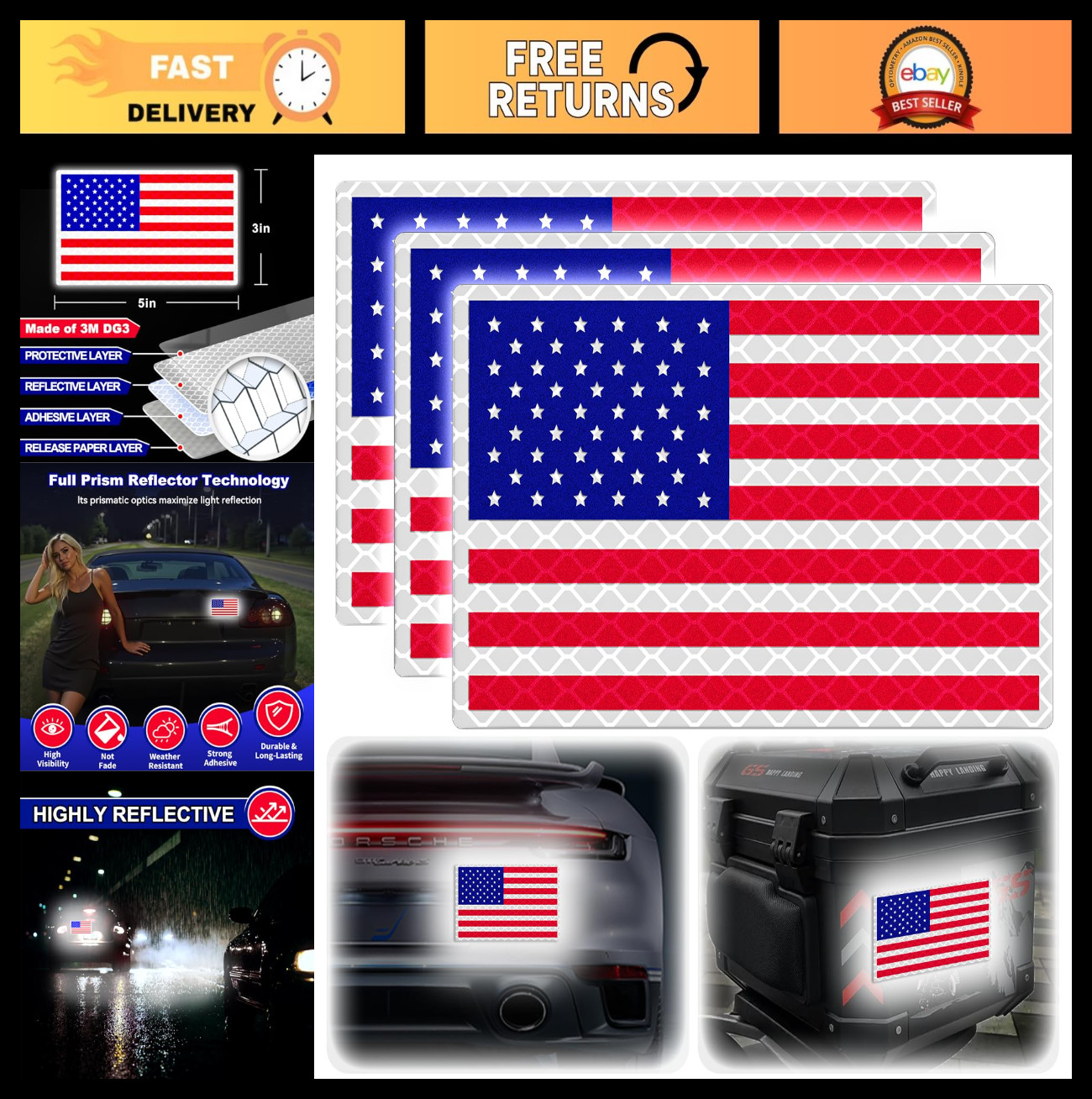 Patriotic American Flag Stickers – Reflective Decals for Cars, Motorcycles, Mail