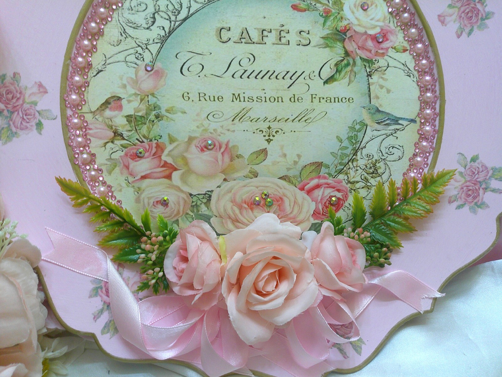 Shabby Chic Victorian~Lg Charger Plate w/French Inspired Graphic~PINK~Roses~OOAK