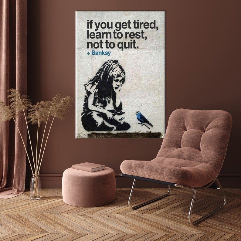 Banksy Inspired Motivational Canvas Wall Art Quote Print Girl Blue Bird Decor