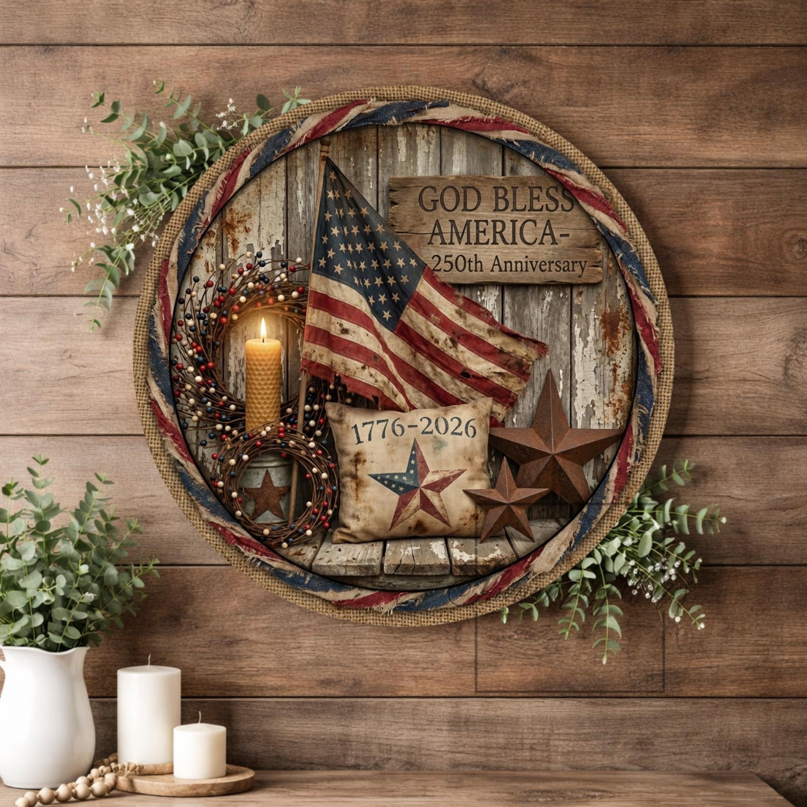 USA 250th Anniversary Metal Wreath Sign Patriotic Welcome Door Wall Decor Gift
