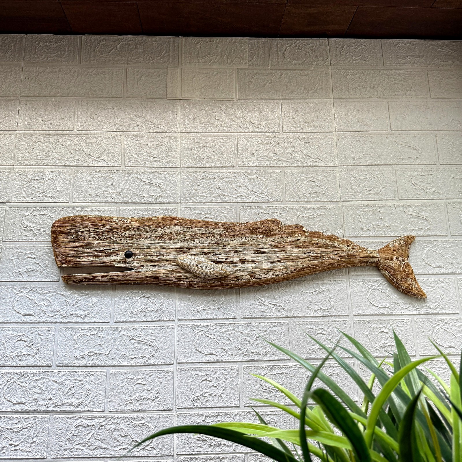 Wood Whale Wall Sculpture Coastal Whitewashed 29in Hanging Decor Art