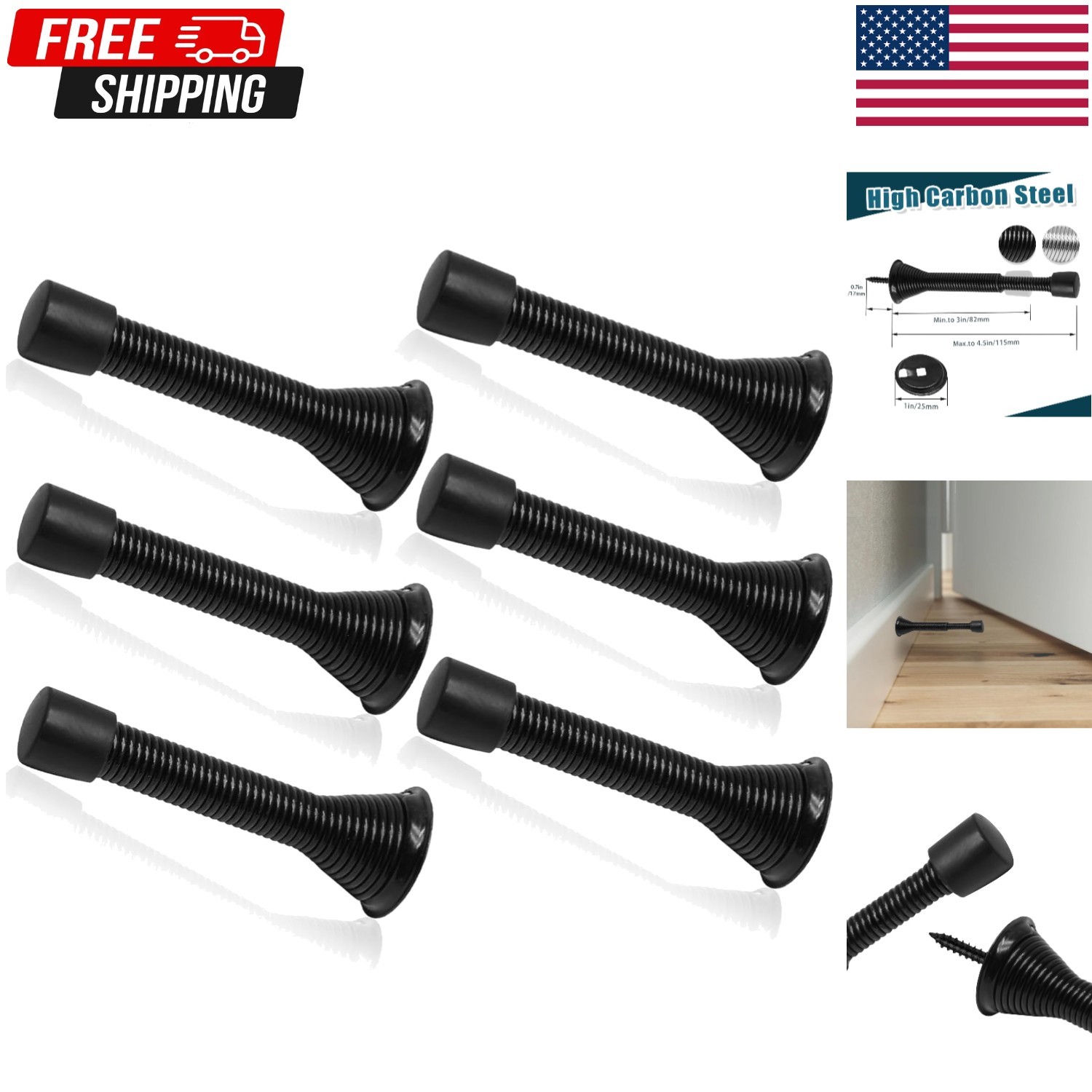 6 Pack Spring Long Door Stopper 3-4 Inch Black Door Stops, Stainless Steel, W…