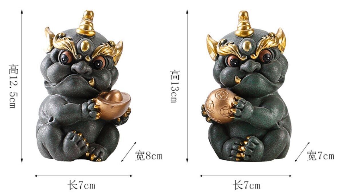 A Pair of Green Sand Stone Auspicious Pixiu Tea Pet Statue Desktop Decoration