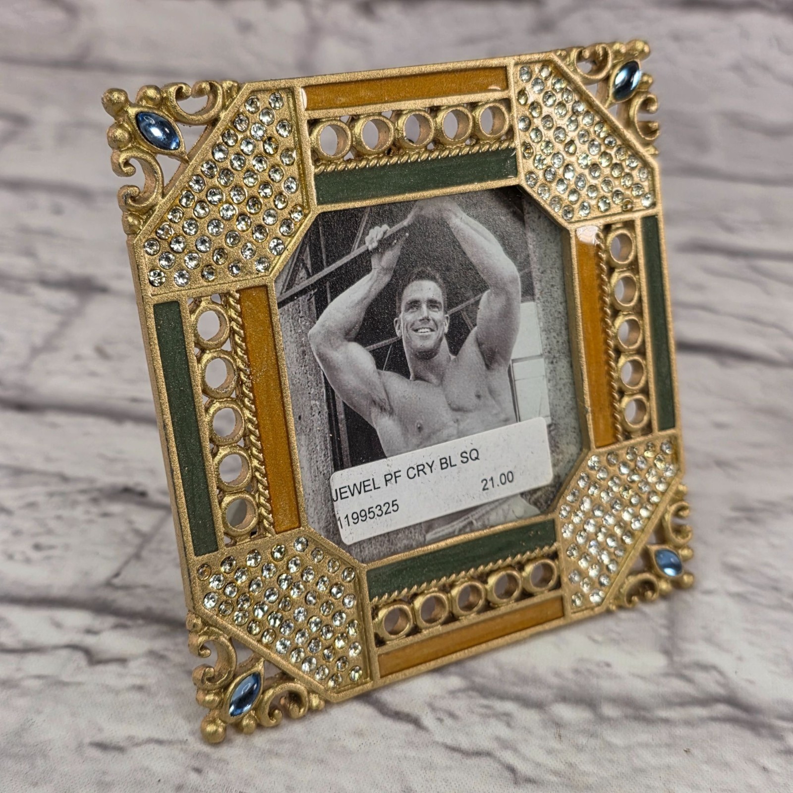 Vintage Rembrandtz Gold Jeweled Square Picture Frame 2.5 in Green Amber Accents