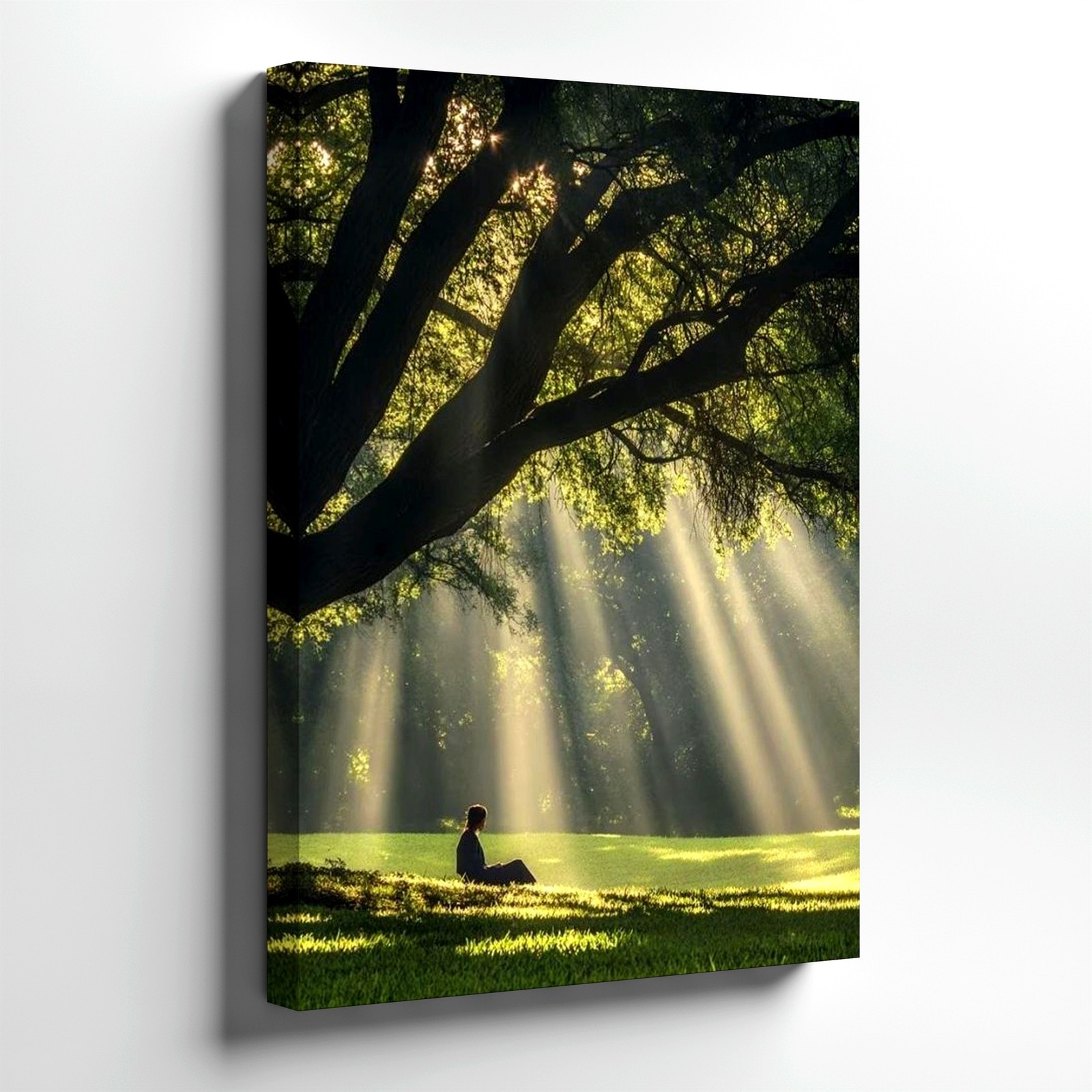 Wall Art Sun Rays Through Tree Forest Landscape Meditating Woman Nature Print