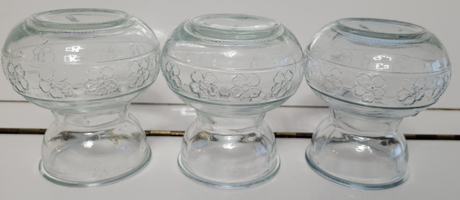 3 CLEAR GLASS ROUND VASES EMBOSSED WITH 4 LEAF CLOVERS 4 INCHES