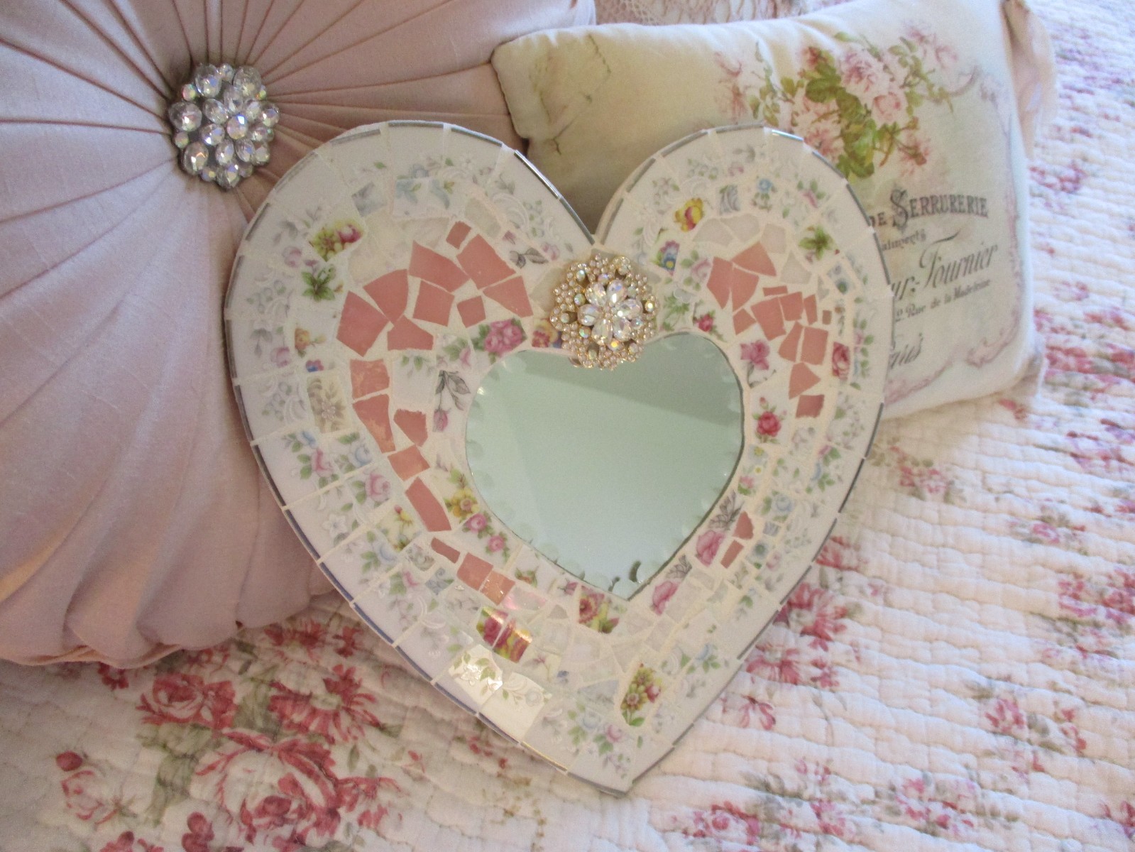 Shabby Chic Broken China Mosaic Heart Plaque Mirror