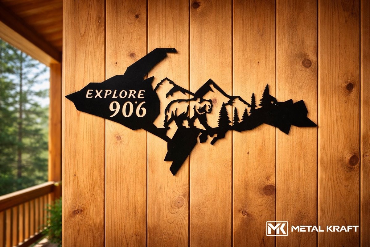 Upper Peninsula Explore 906 Bear Wilderness 30” Black Metal Wall Decor Art Sign