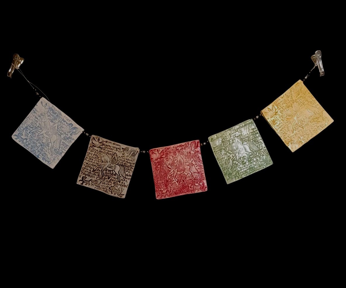 Ceramic Prayer Flags Indoor Outdoor Horizontal Hanging Handmade Original 30×4.5″