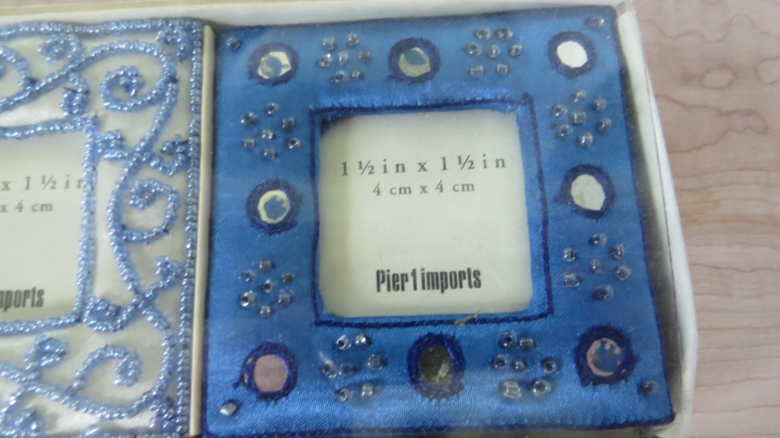 New NIP Pier 1 Imports Set of 3 Size 1.5″ x 1.5″ Fabric/Beads Picture Frame Set
