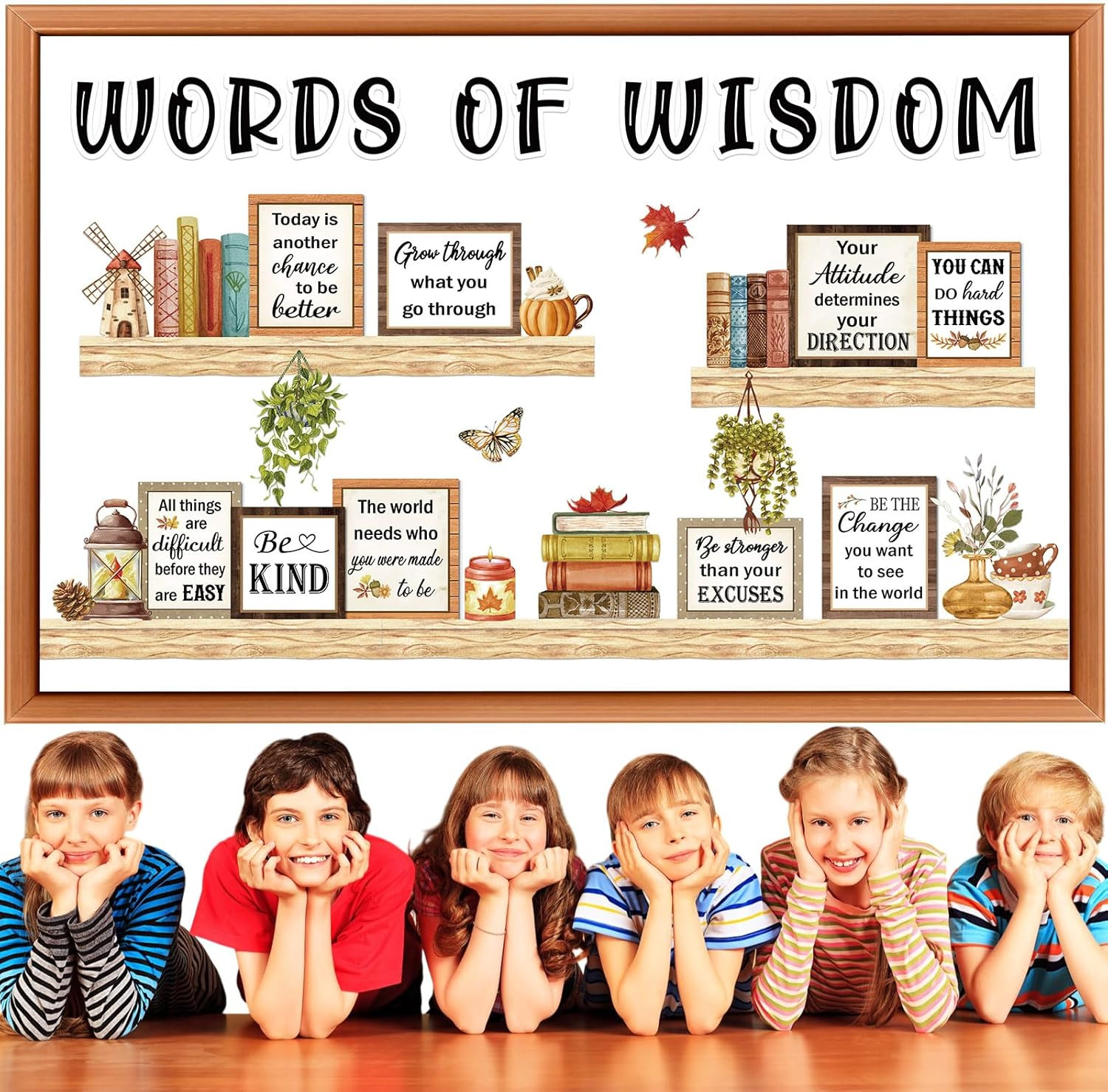 Bookshelf Bulletin Board Set, Motivational Words of Wisdom Cutouts for Classroom