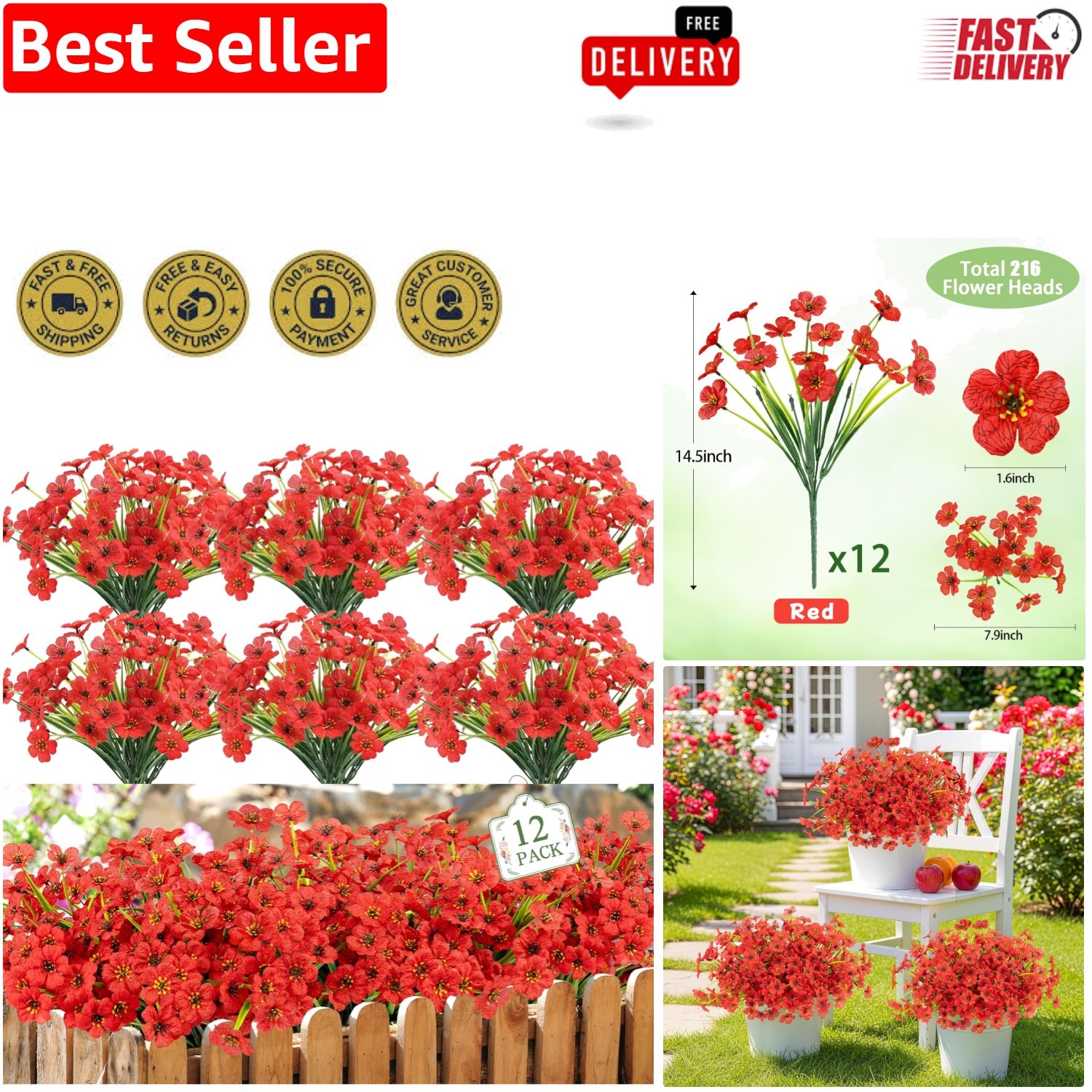 Ultra-Realistic Outdoor Faux Flowers – 12 Bundles, Easy Care & Customizable