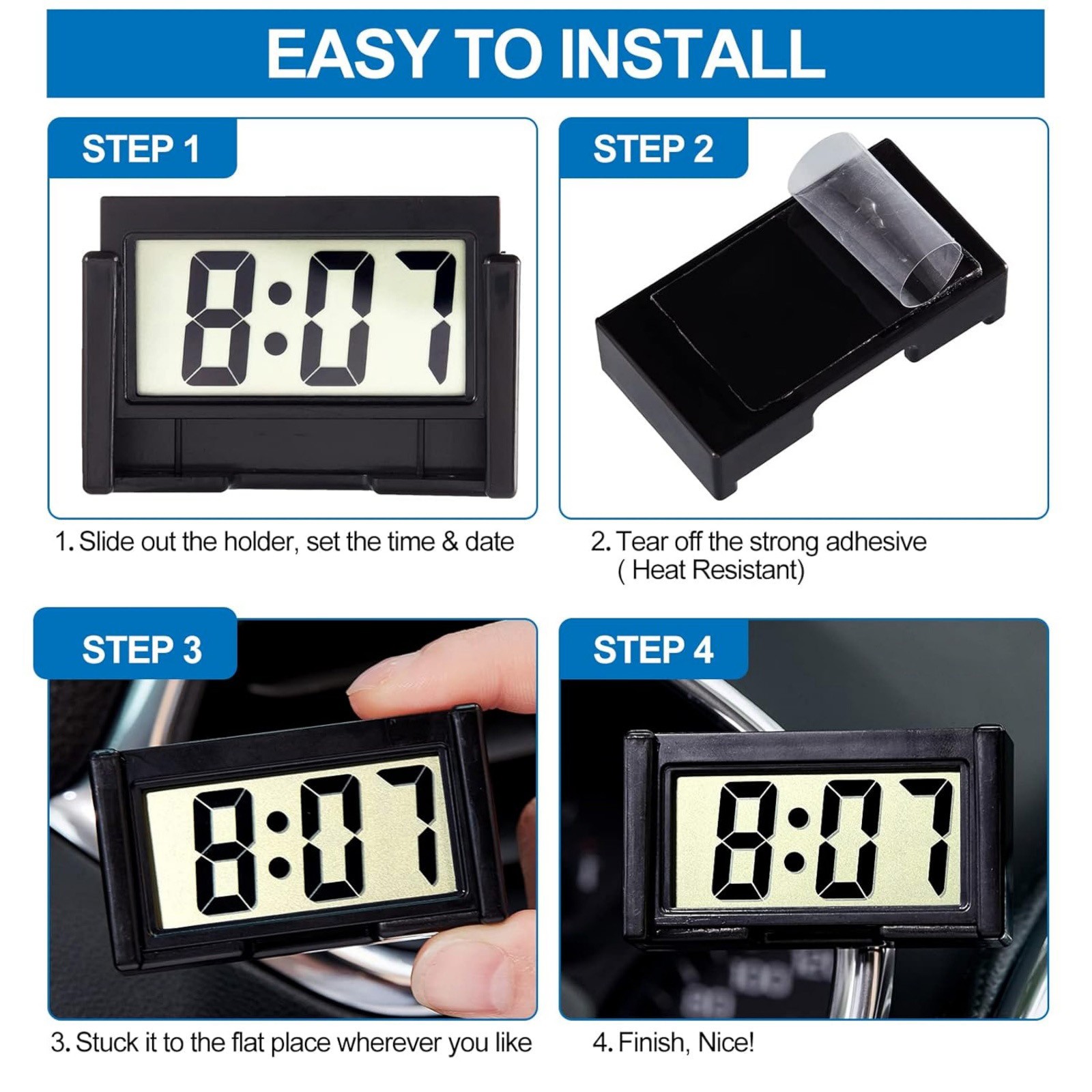 New 3 Pack Mini Digital Clock Small Adhesive Stick On Easy To Read Large Numbers