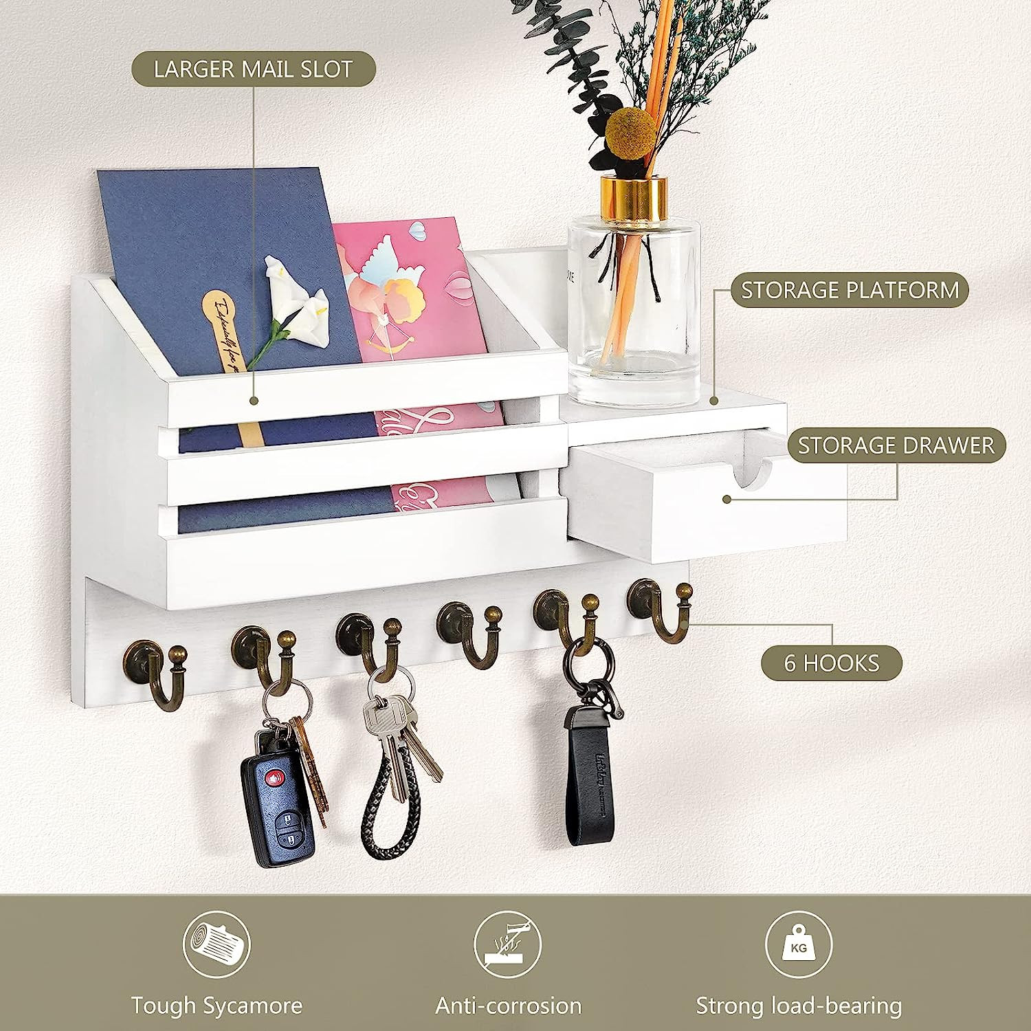 Key Holder Wall Mount: Key and Mail Holder for Wall with 6 Hooks and Storage Dra