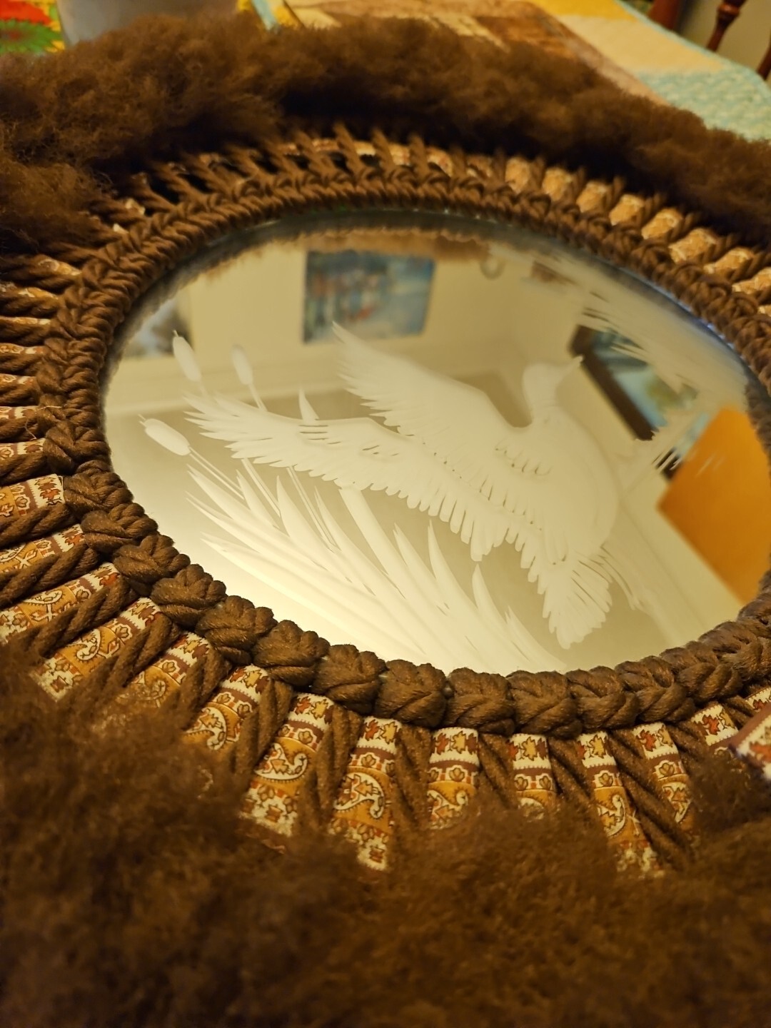 VTG 70s OOAK Custom Made Macrame Etched Glass Mirror With Fuzzy Trim US Made 15″