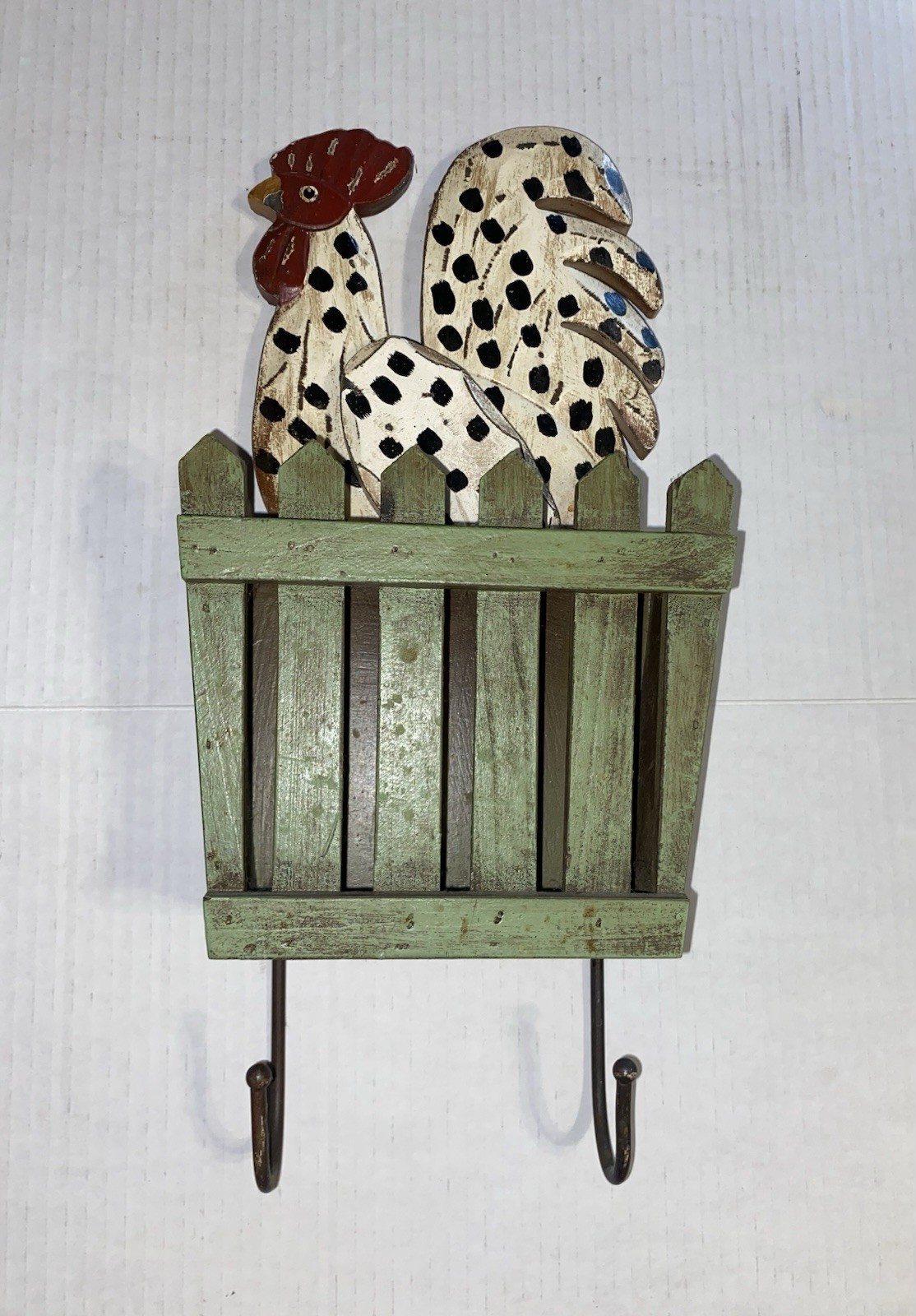Wooden Hanging Chicken With Letter Basket & Coat Hooks Folk Art Country Decor