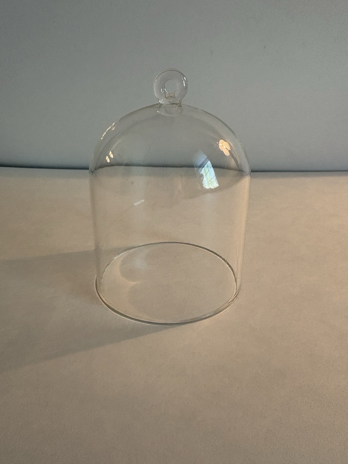 Unused/NEW Glass Cloche Dome 4 1/4” Tall & 3 3/8” Wide Loop Handle Top