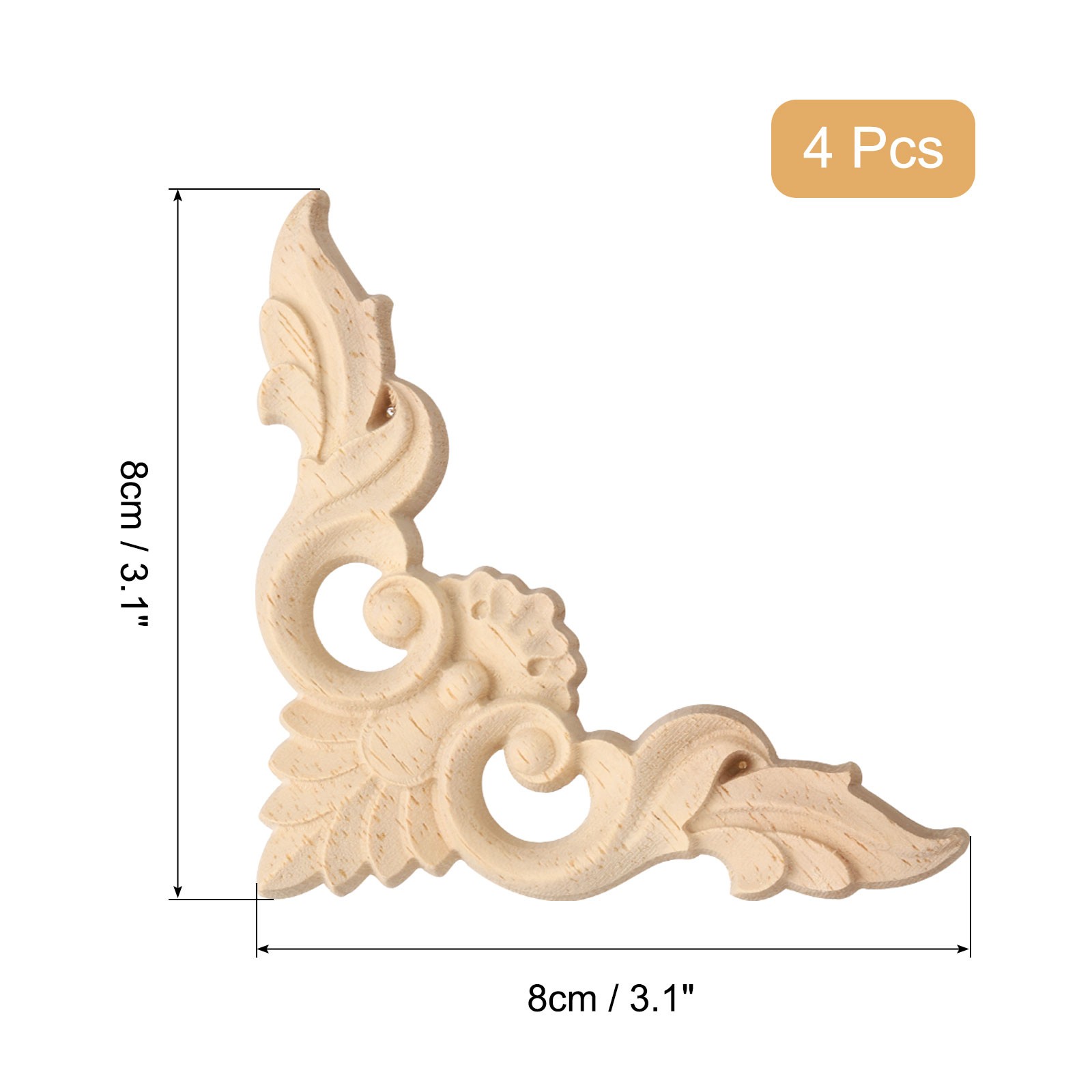 4Pcs Carved Wood Appliques Onlays 8x8cm Wooden Corners Carvings Decals