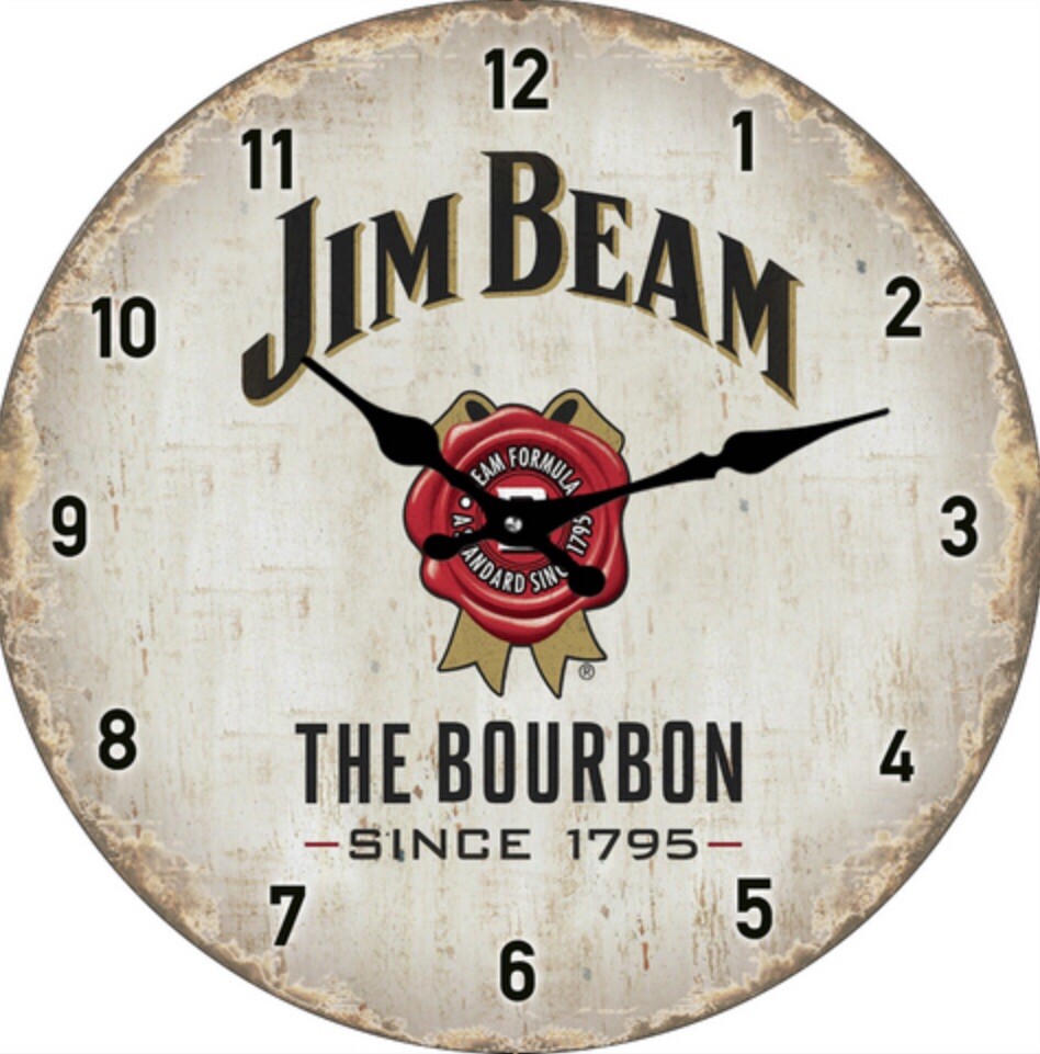 17 CM JIM BEAM THE BOURBON GLASS WALL CLOCK COLLECTABLE MAN CAVE GARAGE SHED