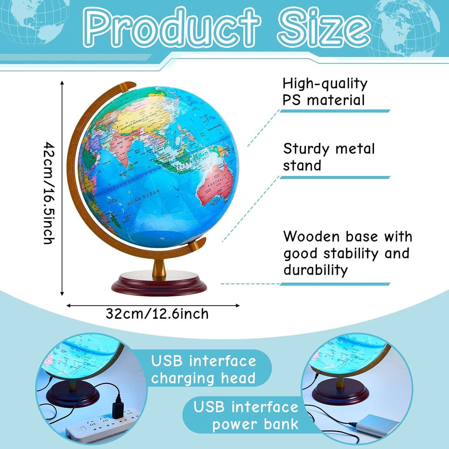 13” Illuminated World Globe for Adults 720°/360° Rotation Rewritable Kids Light