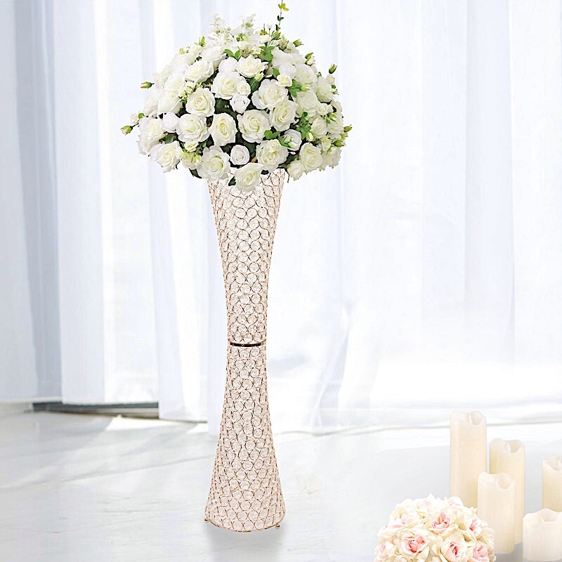 Gold 36 in Crystal Beaded Metal Hurricane Flower VASE Centerpiece Party Events