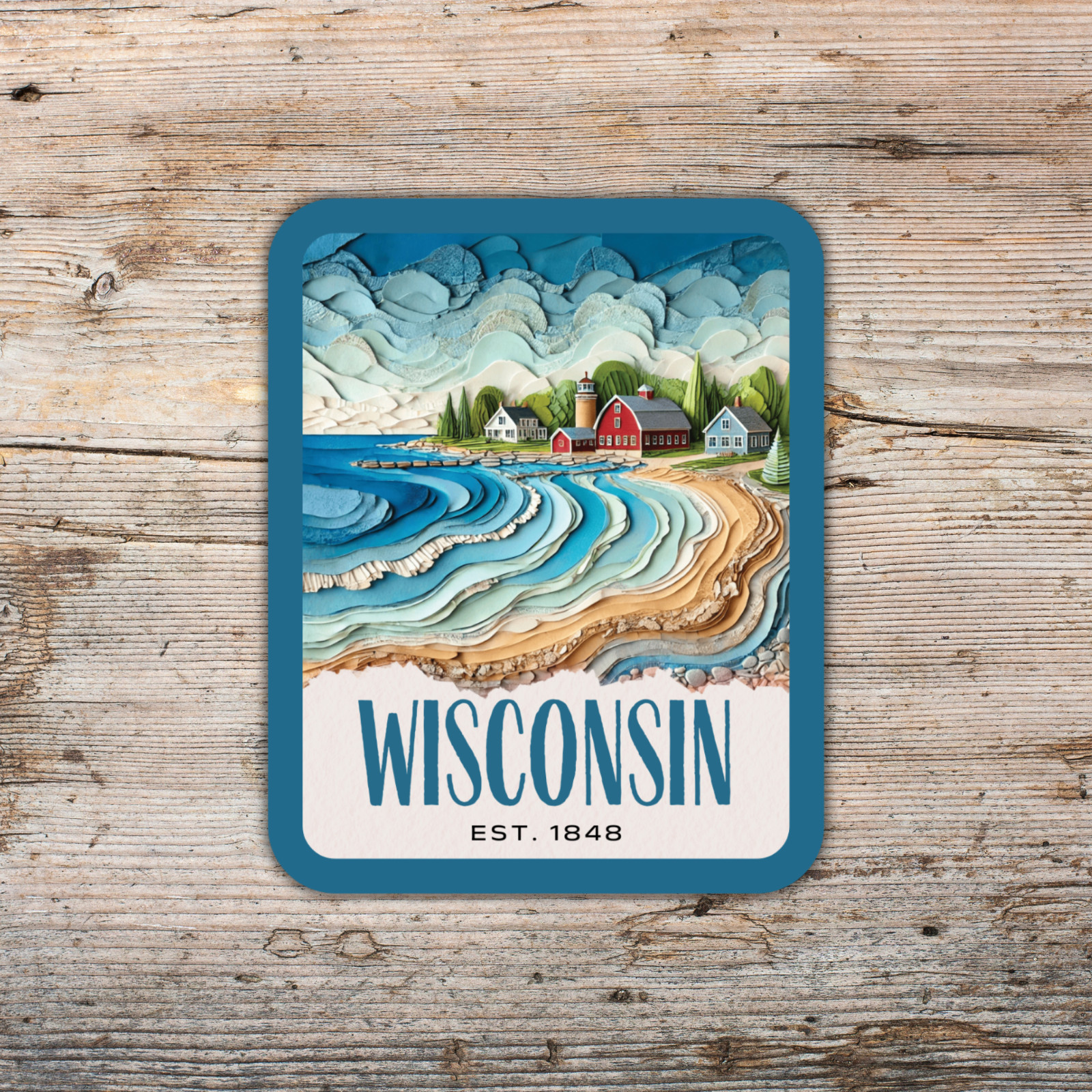 Wisconsin State Sticker, Paper Collage Look, Scenic Door County Decal